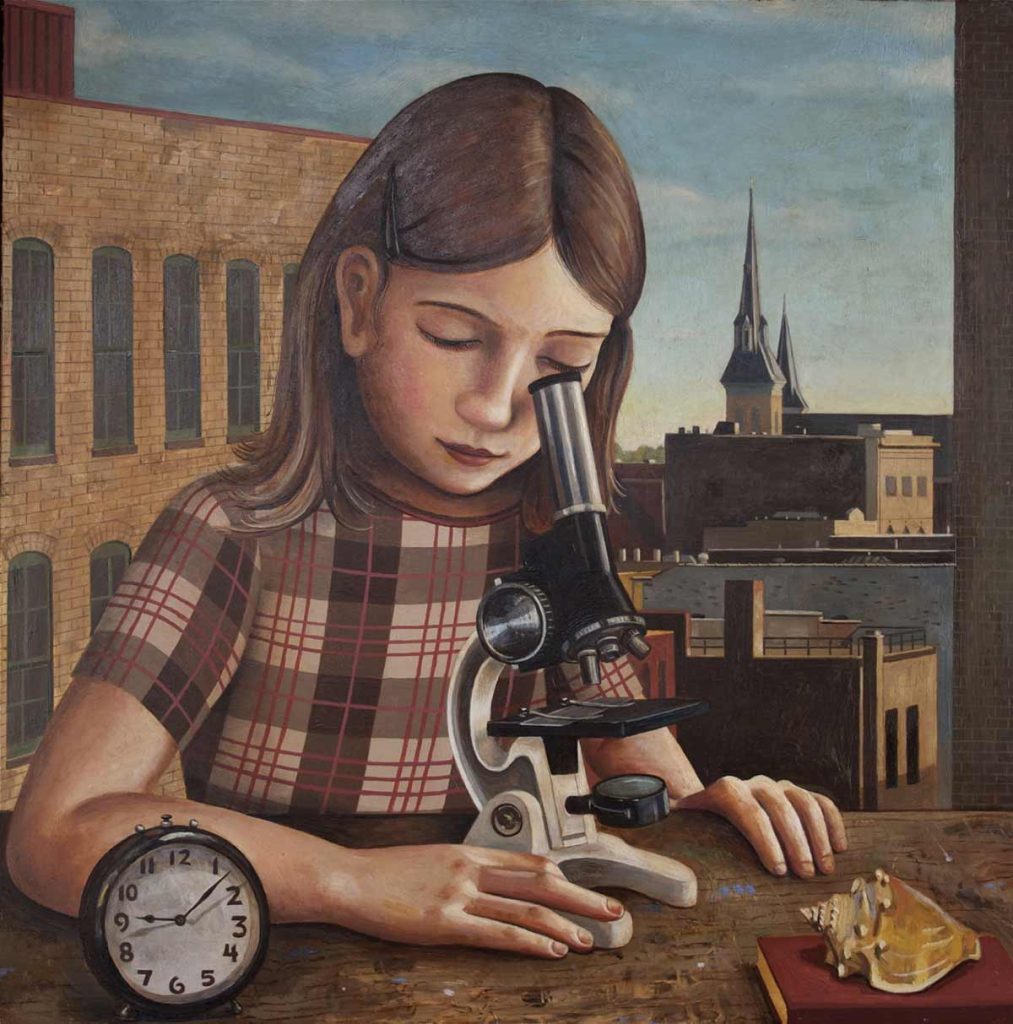 Girl With Microscope In The Morning
